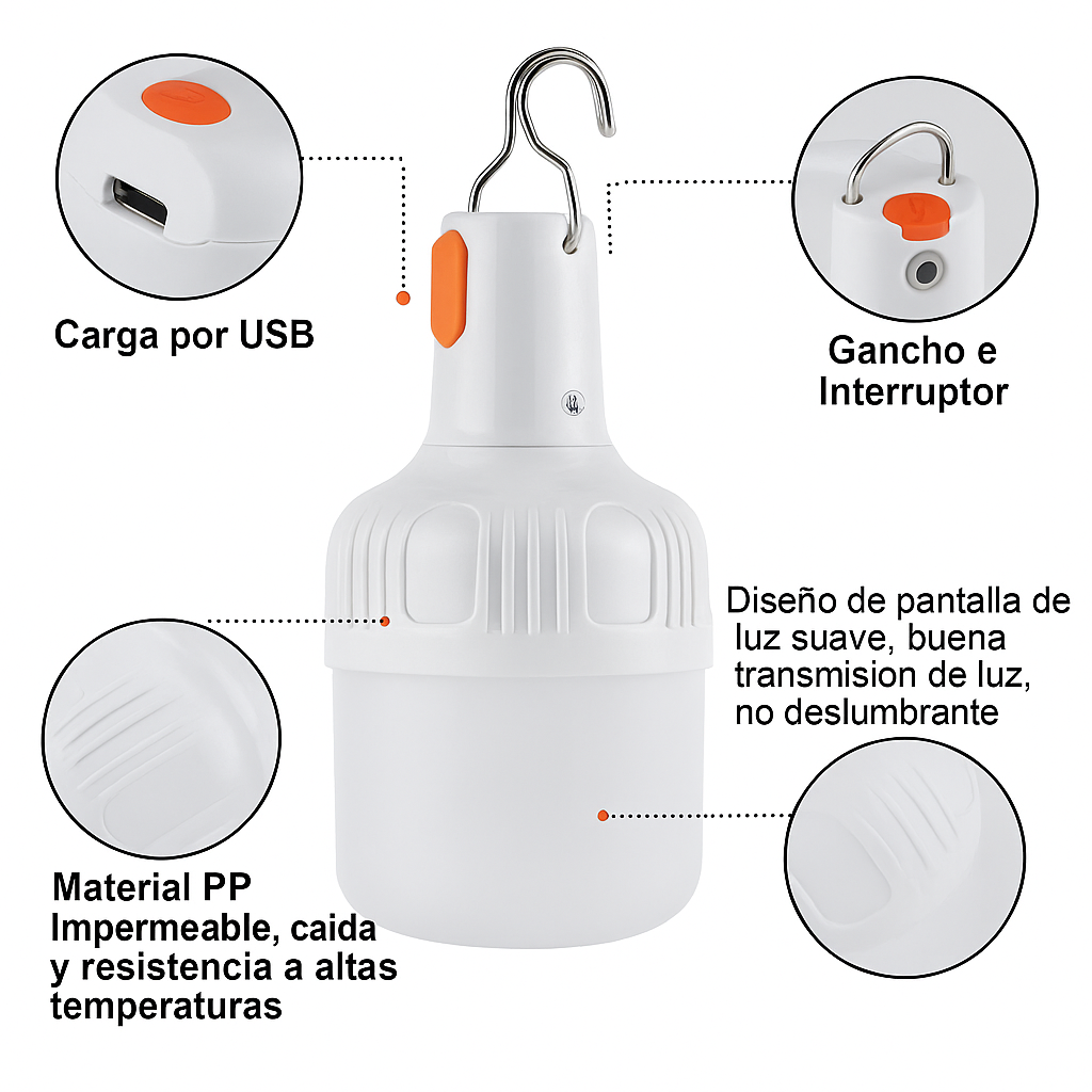 Lámpara, Emergencia, 60W, Recargable, Camping, Exterior, USB