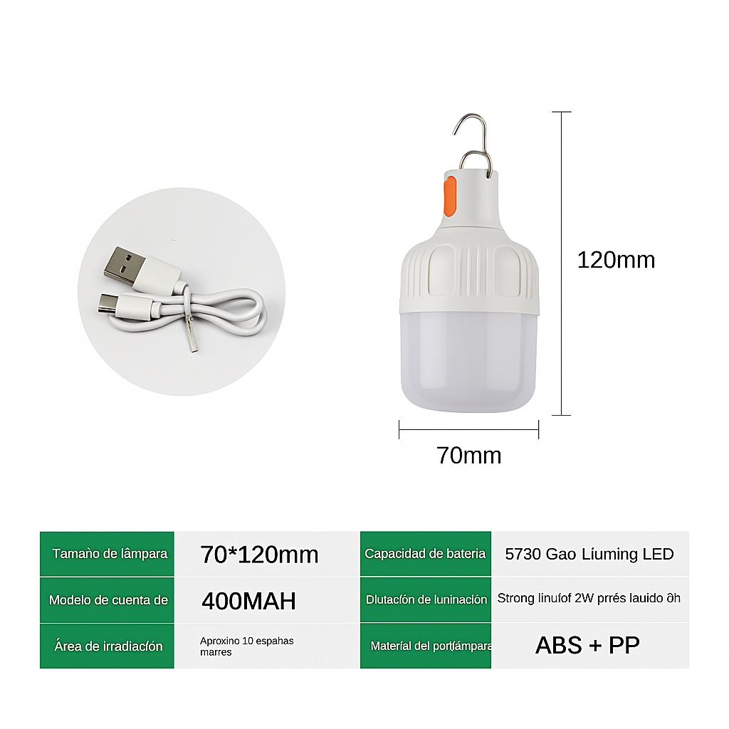 Lámpara, Emergencia, 60W, Recargable, Camping, Exterior, USB
