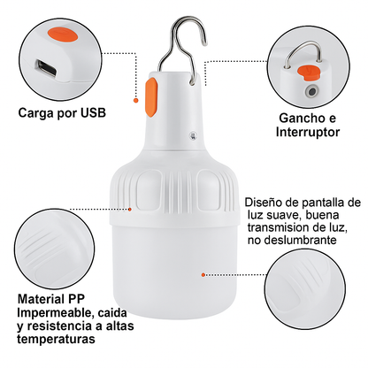Lámpara, Emergencia, 60W, Recargable, Camping, Exterior, USB